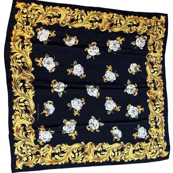 Jeannene Booher silk scarf large square satin brocade black gold & white floral - Picture 1 of 7